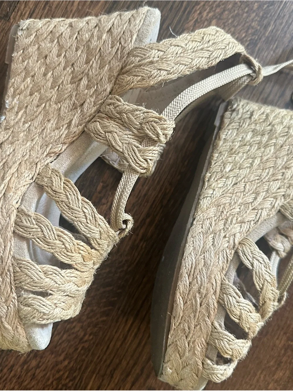 Envy Beige Braided Espadrille Wedge Sandals with Ankle Tie 6.5